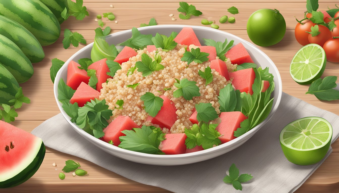 A bowl of watermelon quinoa salad surrounded by fresh ingredients on a wooden cutting board