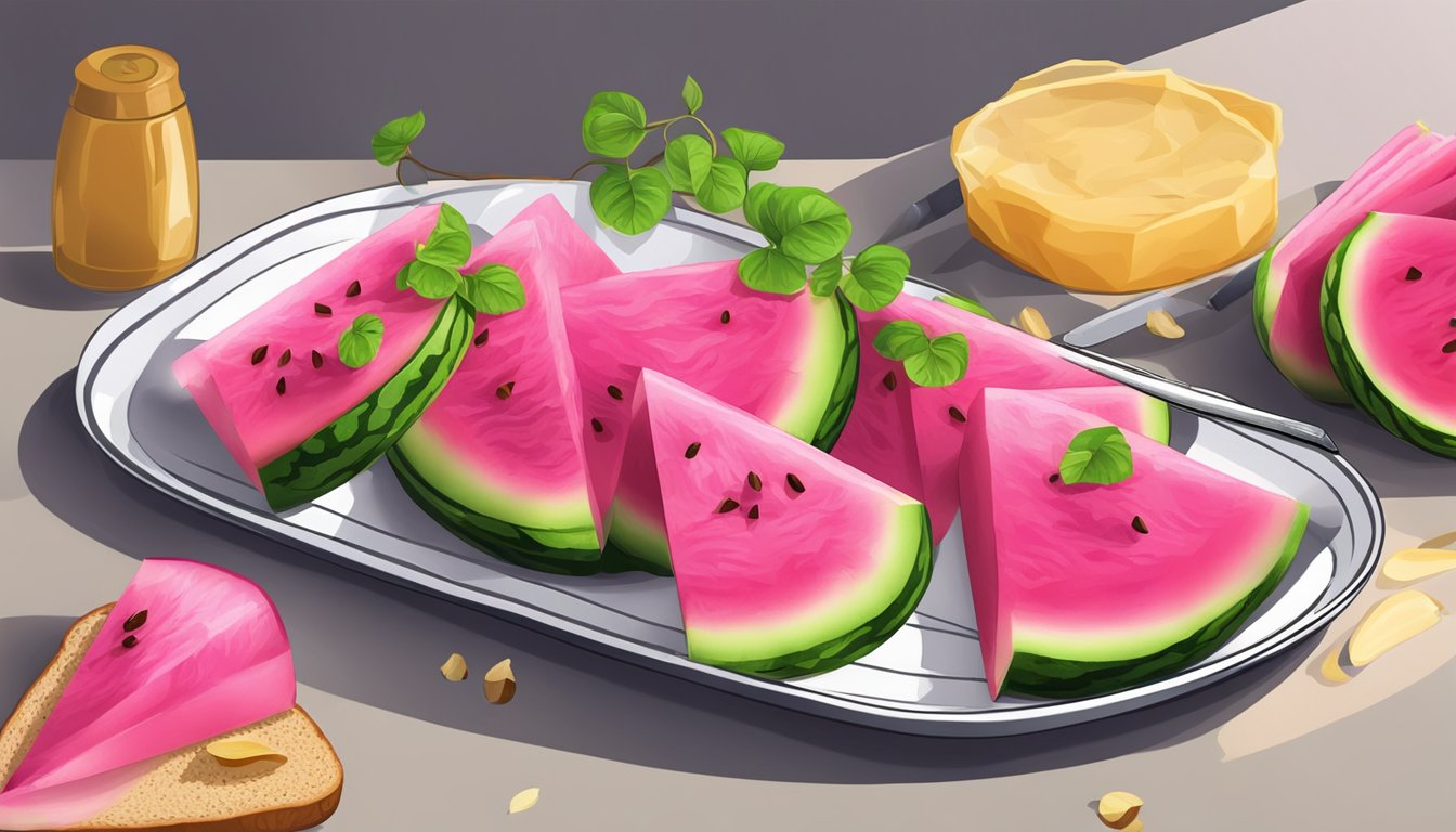 A watermelon radish sliced on a piece of toast, with seeds and a knife nearby