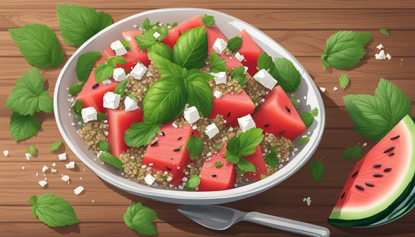 A vibrant watermelon quinoa salad arranged on a rustic wooden table with fresh mint leaves and a sprinkle of feta cheese