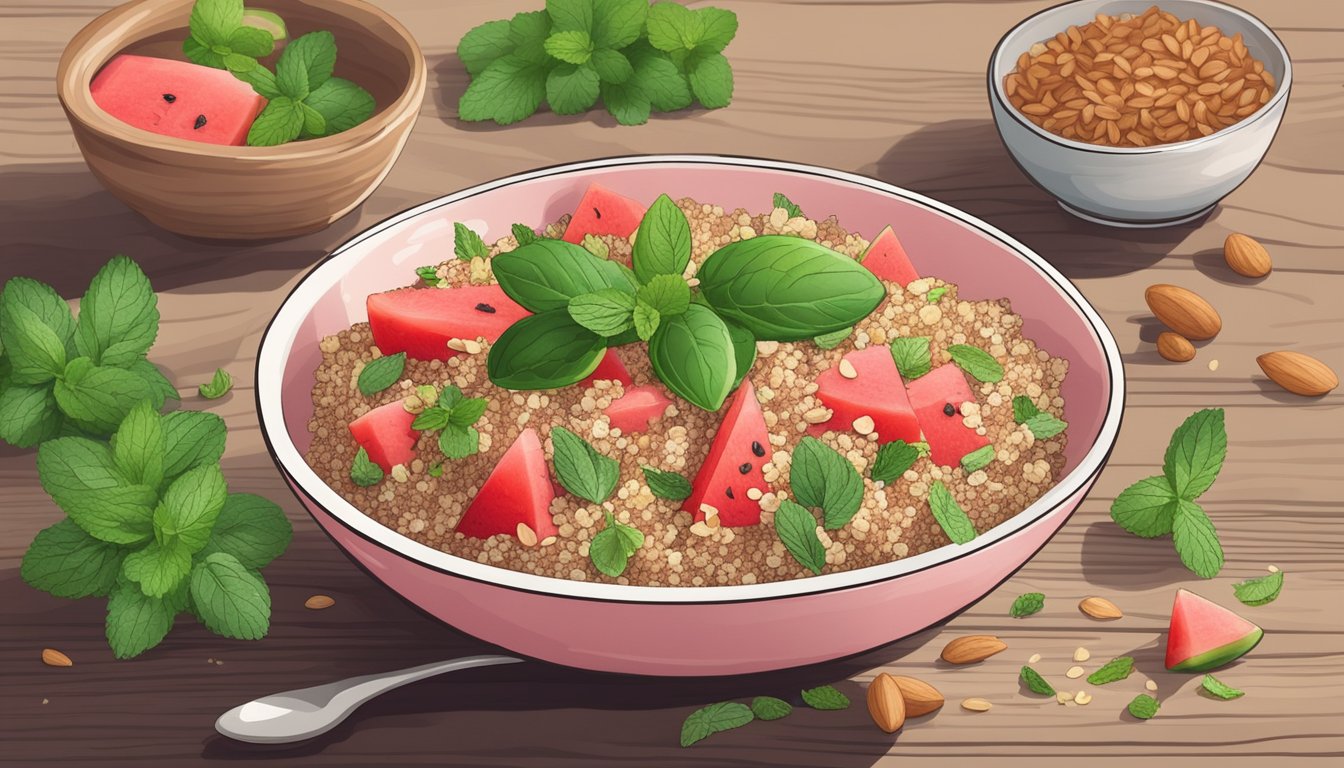 A bowl of watermelon quinoa salad surrounded by fresh mint leaves and sliced almonds on a wooden table