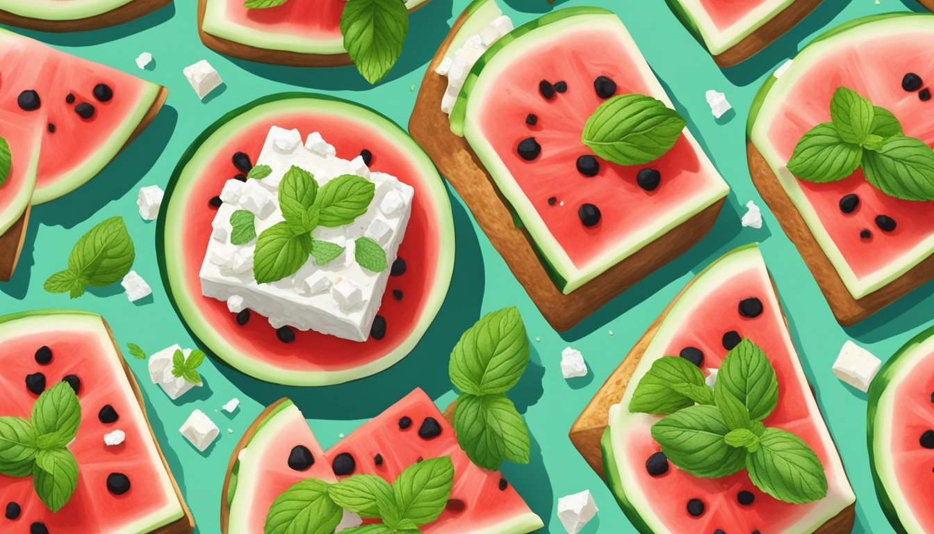 A slice of watermelon topped with feta cheese, mint, and a drizzle of honey on a piece of toast, surrounded by fresh watermelon chunks and mint leaves