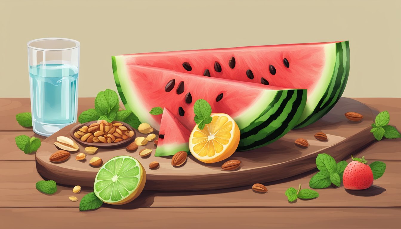 A slice of watermelon topped with various fruits and nuts on a wooden board, surrounded by fresh mint leaves and a glass of water