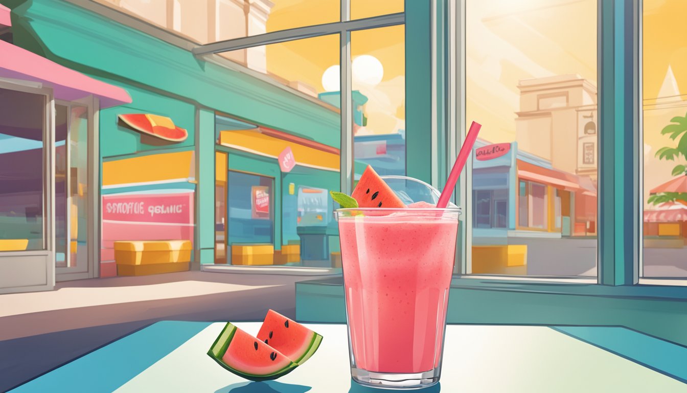 A refreshing watermelon smoothie being enjoyed on a sunny day at a Smoothie King, with vibrant colors and a lively atmosphere