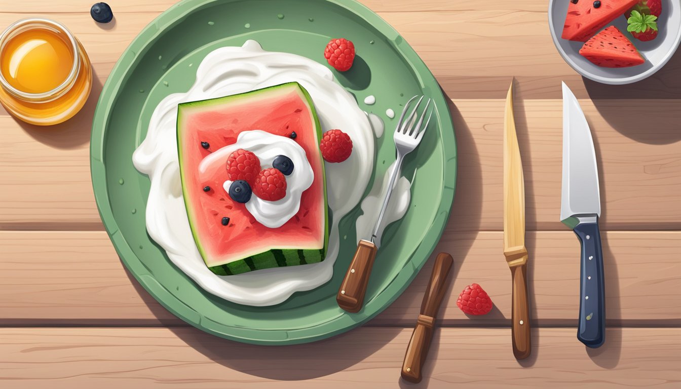 A slice of watermelon toast topped with yogurt, berries, and a drizzle of honey on a wooden cutting board next to a knife and a halved watermelon