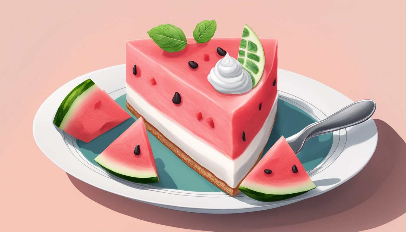 A slice of watermelon topped with dairy-free and vegan spreads on a plate