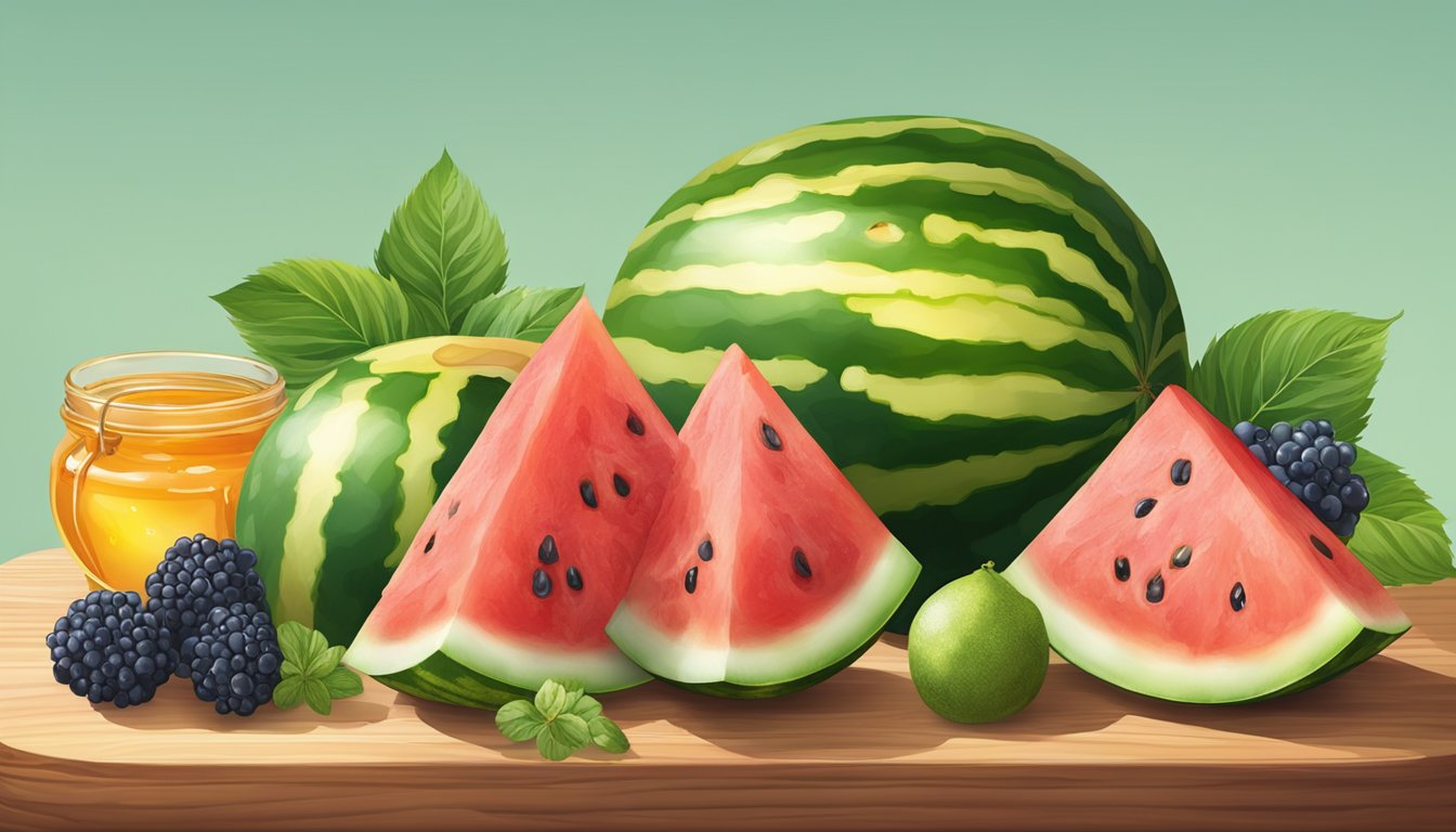 A slice of watermelon topped with assorted fruits and drizzled with honey on a wooden serving board