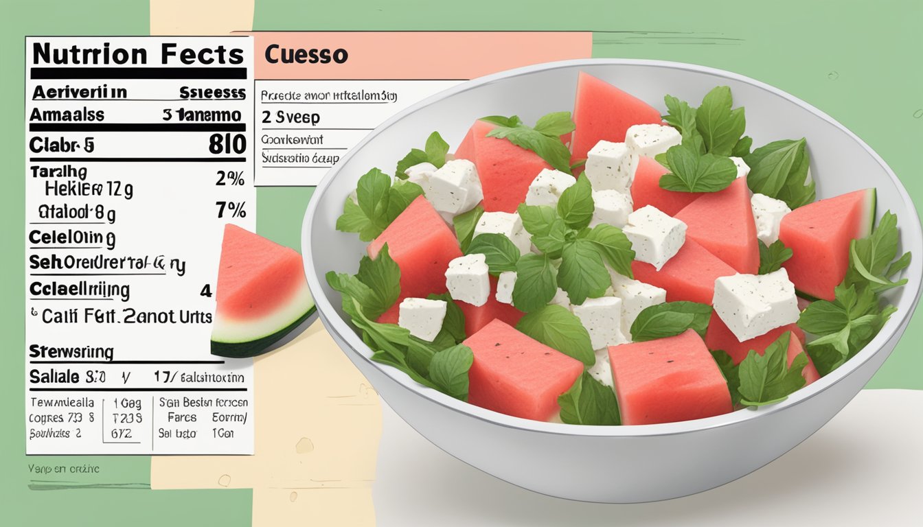 A bowl of watermelon and queso fresco salad with nutritional information displayed nearby