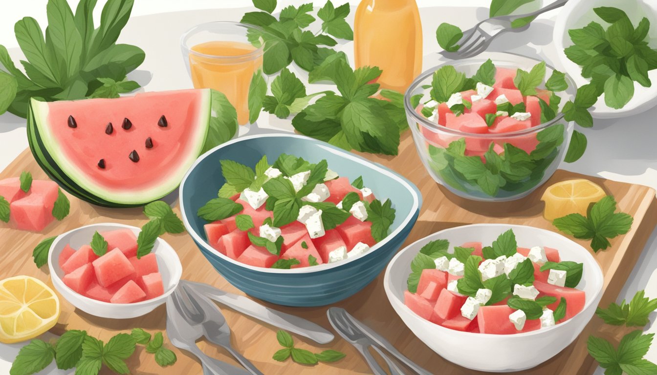 A bowl of watermelon queso fresco salad being dressed and flavored with herbs and vinaigrette