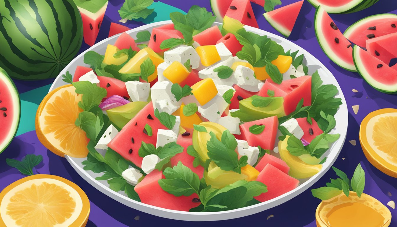 A vibrant watermelon queso fresco salad surrounded by colorful cultural elements