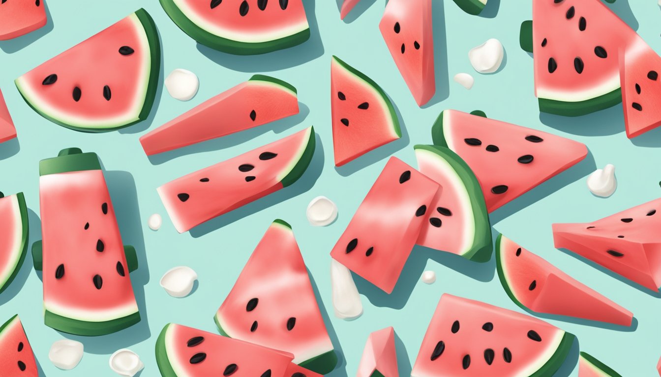 A hand placing watermelon chunks and yogurt into popsicle molds