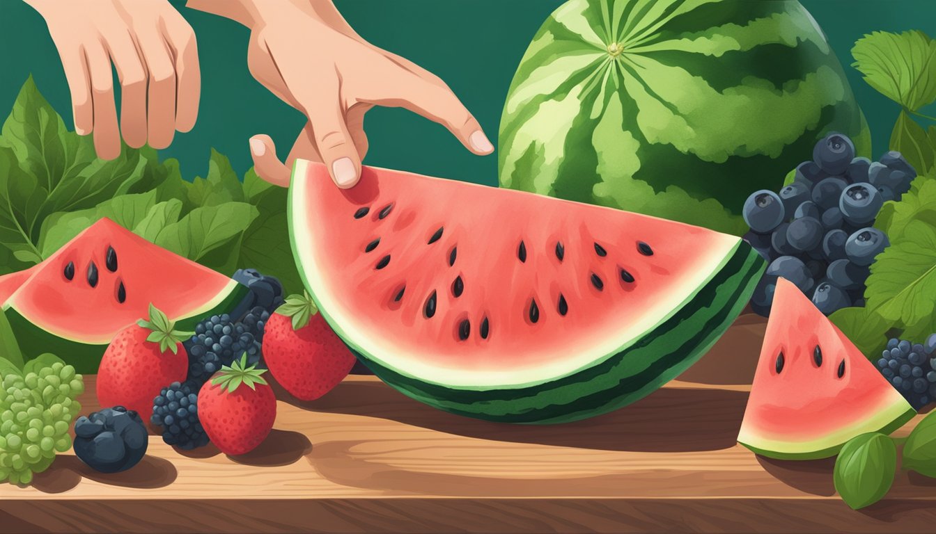 A hand reaching for a ripe watermelon, surrounded by fresh berries and vibrant greens on a wooden cutting board