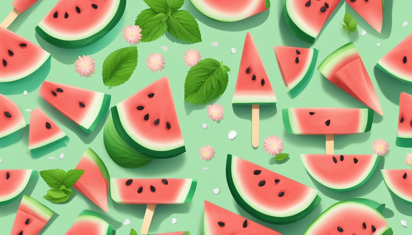 A refreshing watermelon yogurt popsicle on a wooden stick, surrounded by slices of fresh watermelon and mint leaves