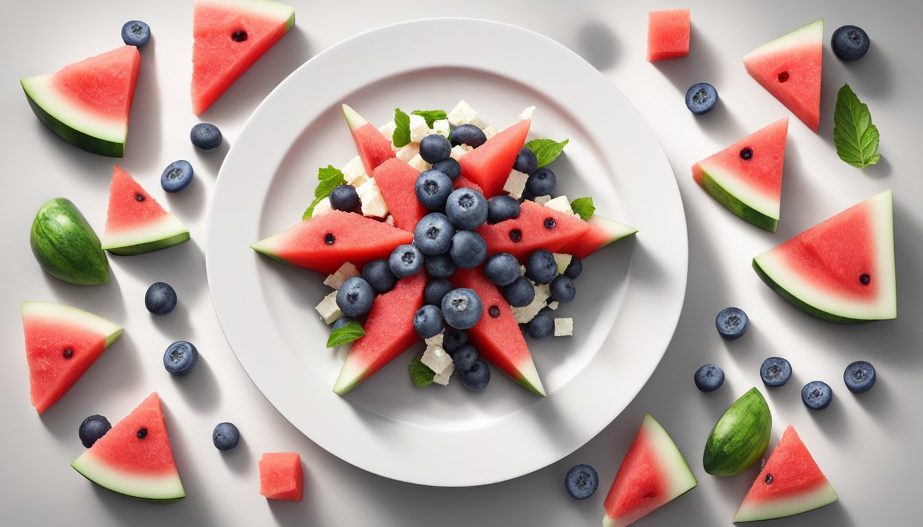 A colorful array of diced watermelon, blueberries, and feta cheese arranged in a star shape on a white plate