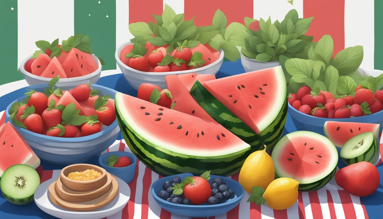 A picnic table with a colorful watermelon salad surrounded by bowls of various fruit and herbs, set against a backdrop of festive 4th of July decorations