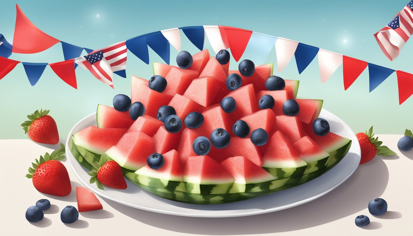 A festive watermelon salad with blueberries and strawberries, arranged in a star shape on a white platter with a backdrop of American flag bunting