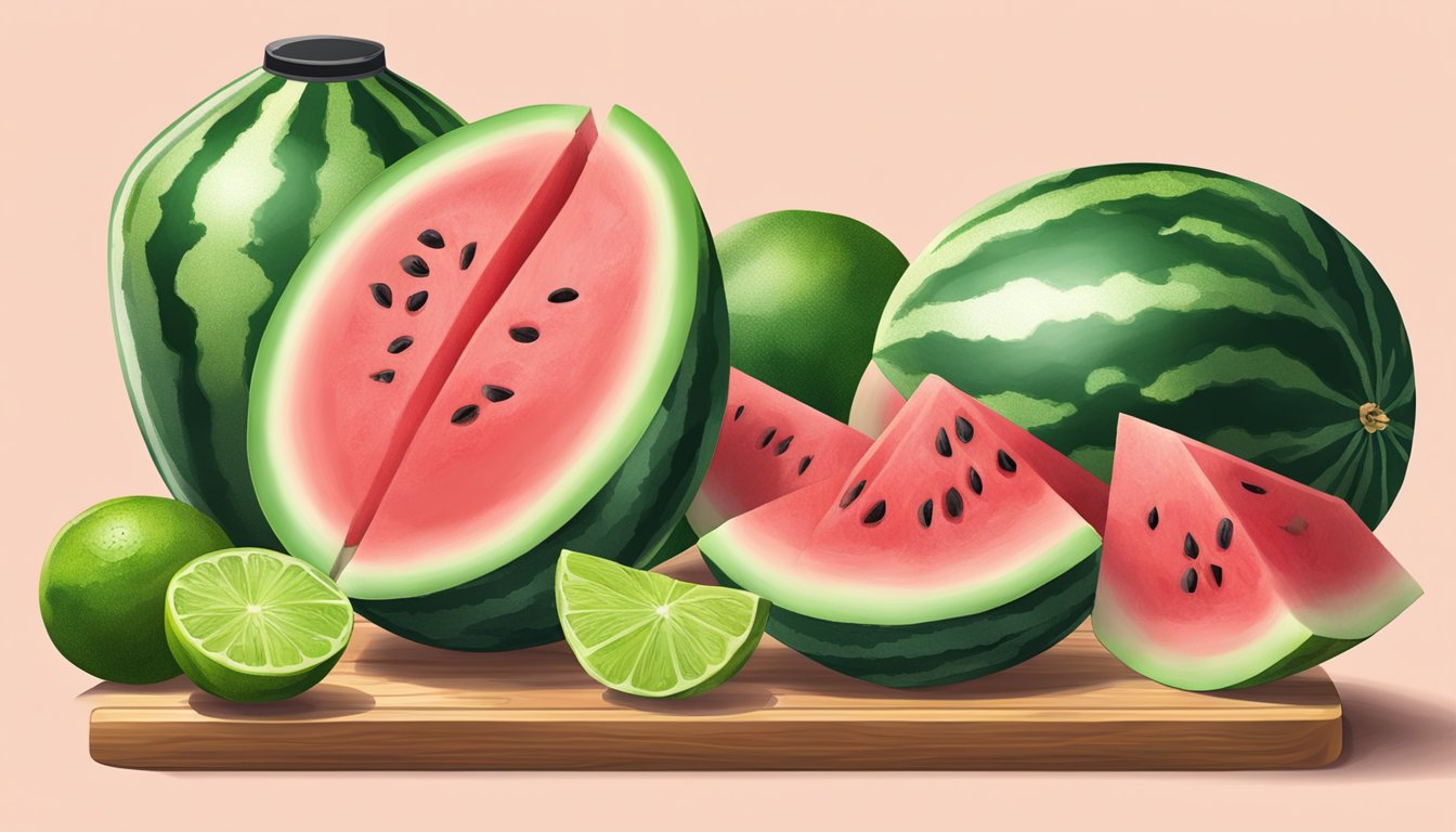 A watermelon being sliced open, with a bottle of 1800 margarita and fresh watermelon chunks on a cutting board