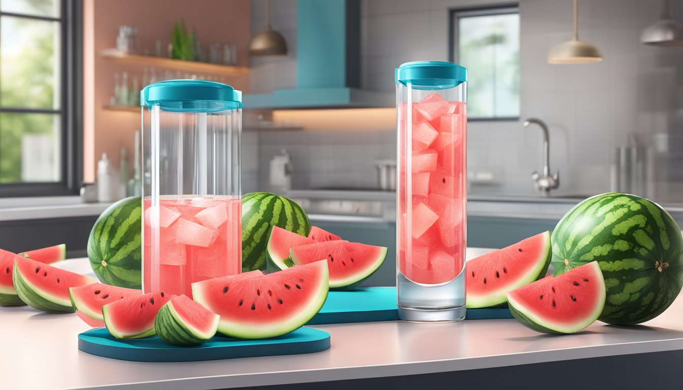 A vibrant watermelon ice Geek Bar Pulse sits on a sleek, modern countertop, surrounded by fresh slices of juicy watermelon and a cool, refreshing glass of water