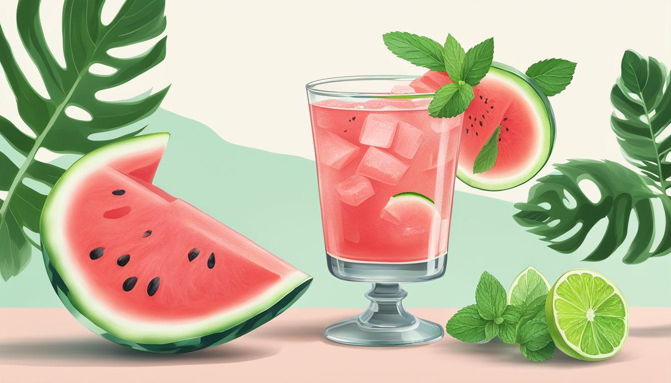 A watermelon sliced into wedges next to a glass of 1800 margarita with a salted rim, surrounded by fresh mint leaves