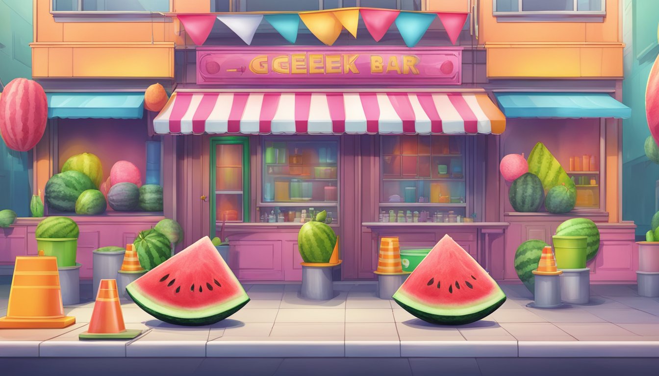 A watermelon ice geek bar surrounded by safety cones and caution tape