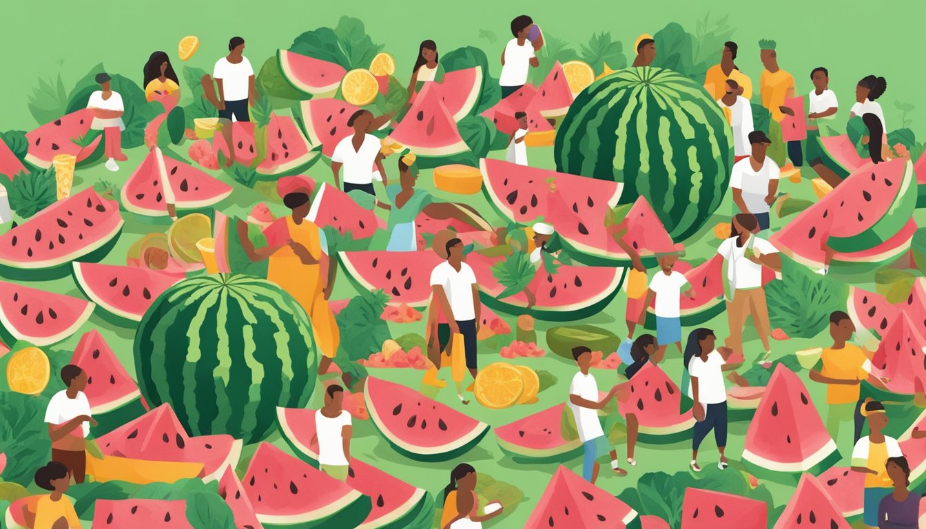 A watermelon patch surrounded by diverse cultural symbols and people enjoying slices of watermelon