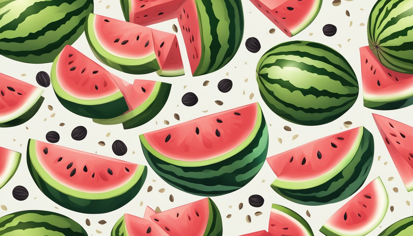 A juicy watermelon sliced on a wooden cutting board, surrounded by scattered seeds and a knife