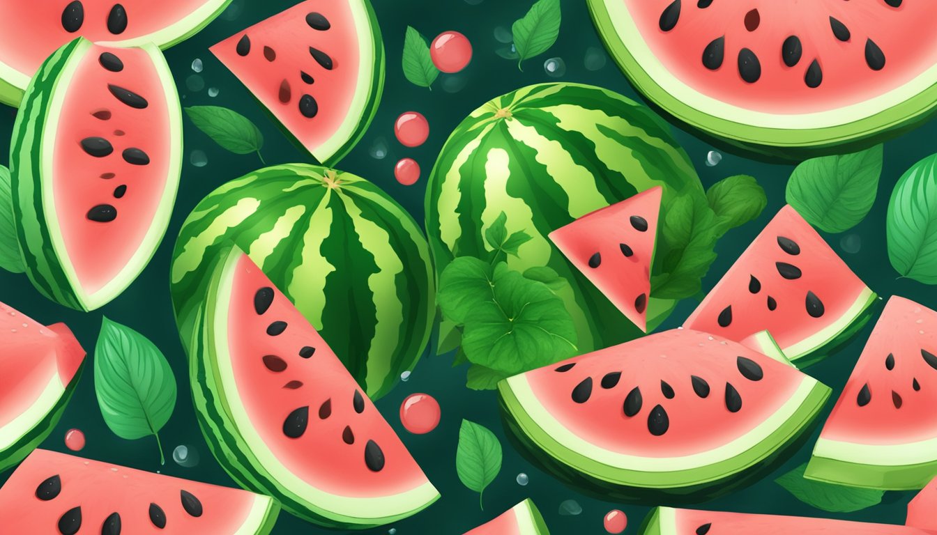 A juicy watermelon slice with seeds, surrounded by vibrant green leaves and a splash of water droplets