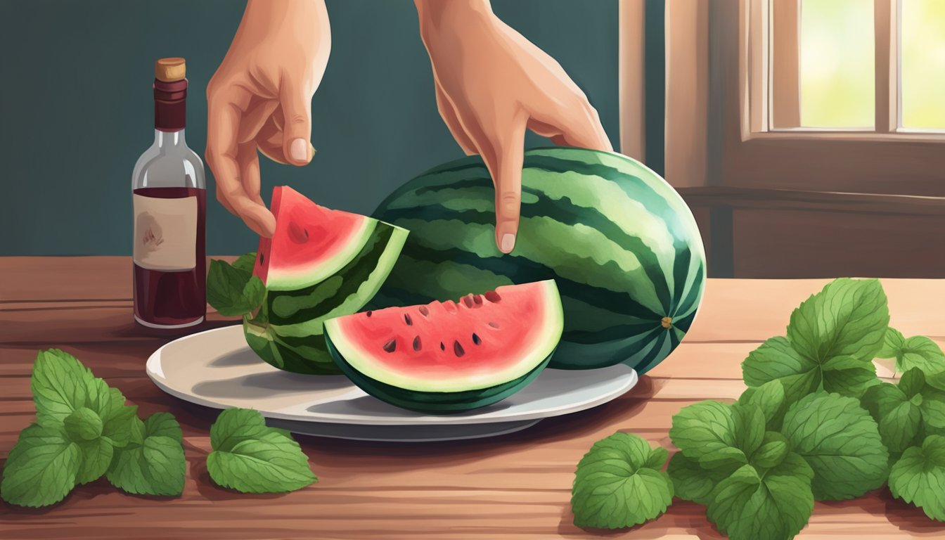 A hand reaching for a ripe watermelon, a bottle of wine, and fresh mint leaves on a wooden table