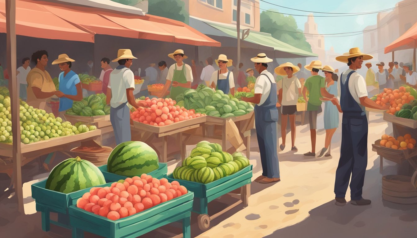 A farmer selling watermelons at a bustling market, surrounded by eager customers and vibrant displays of fresh produce