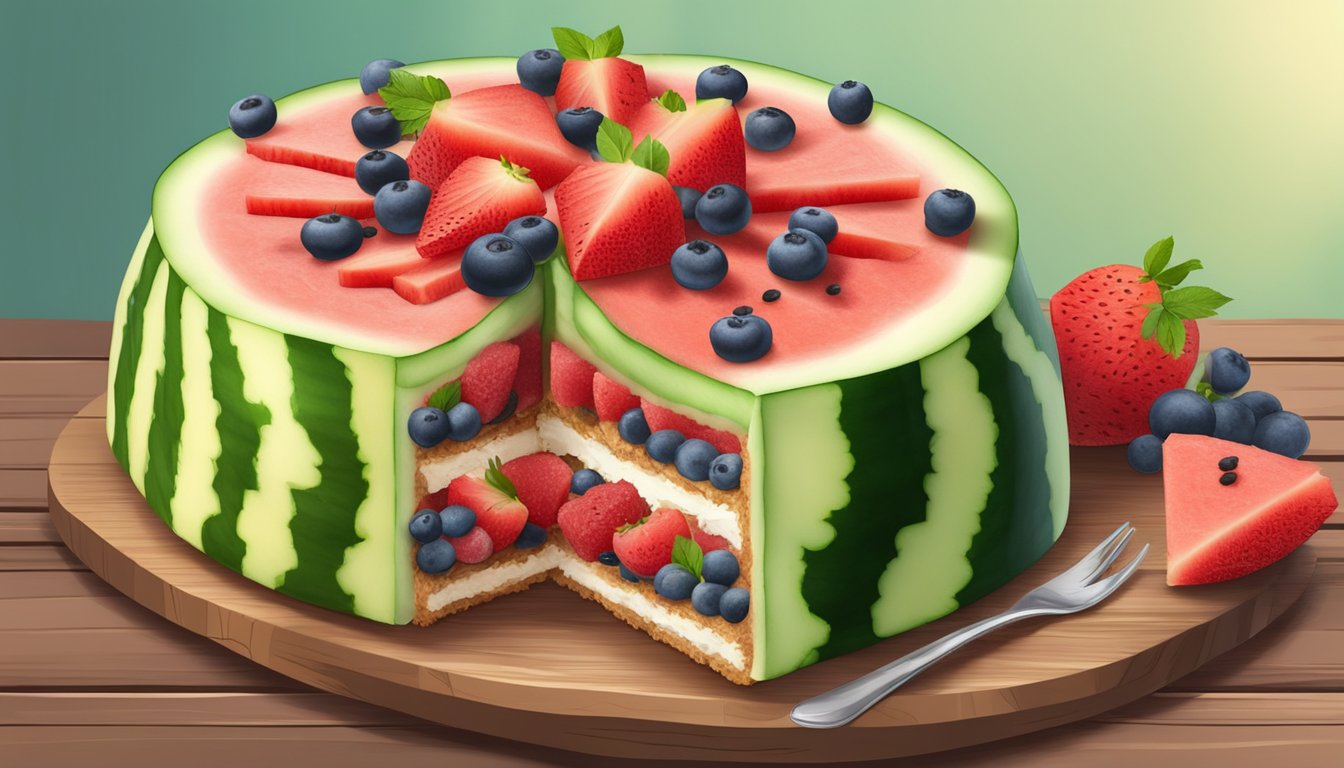 A watermelon cake surrounded by fresh fruit slices on a wooden table