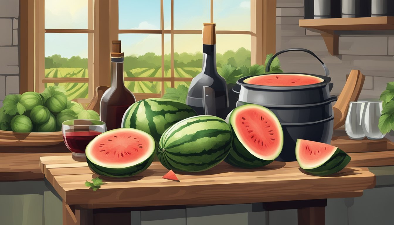 A rustic kitchen with fresh watermelons, a wooden cutting board, a large pot, and various wine-making equipment