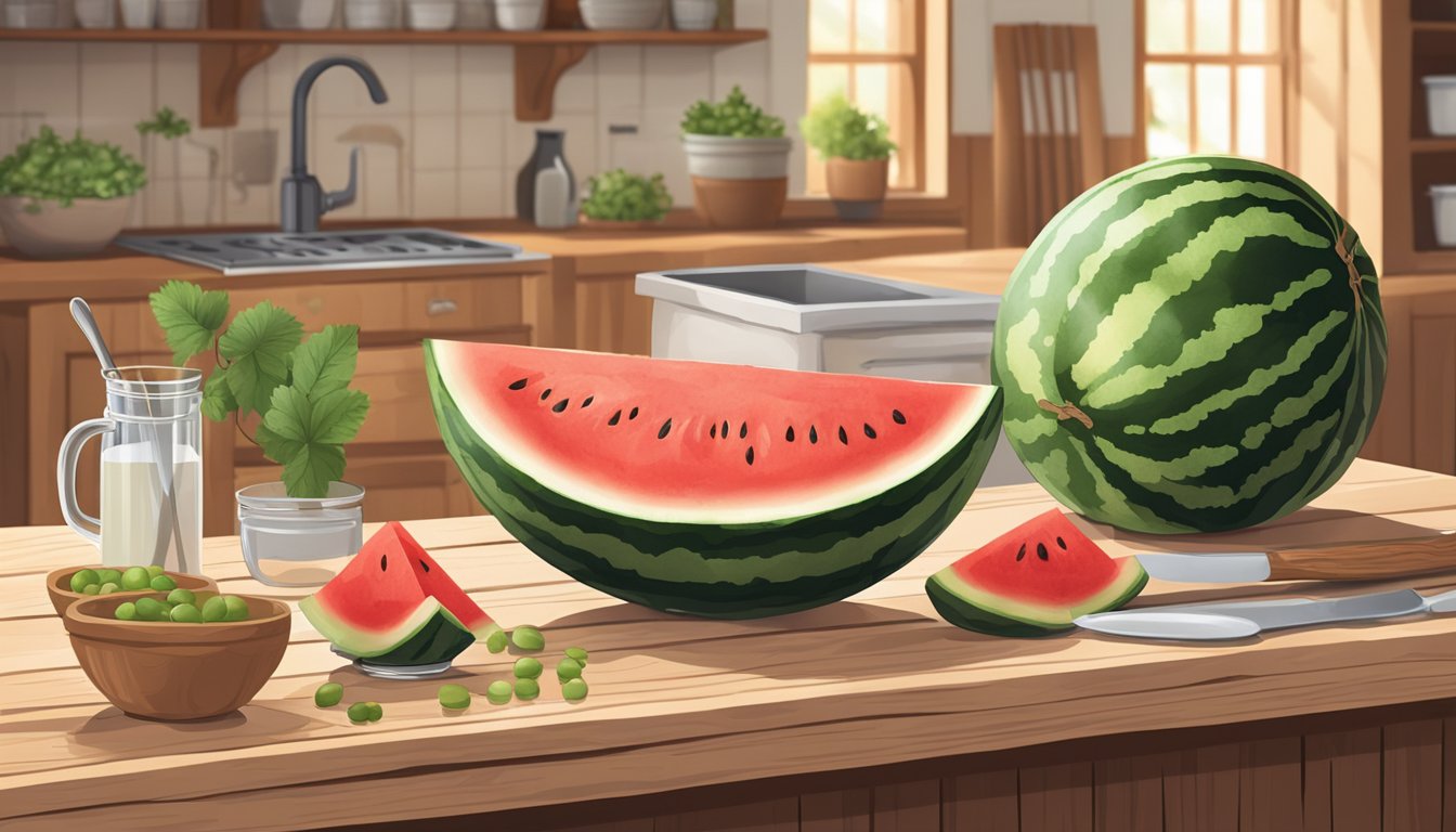 A rustic kitchen with a large watermelon being sliced open, a measuring cup and various ingredients laid out on a wooden table