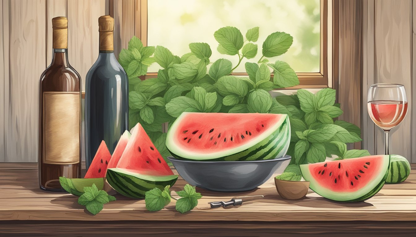 A rustic kitchen counter with a bottle of homemade watermelon wine, surrounded by fresh watermelon slices, mint leaves, and a vintage corkscrew