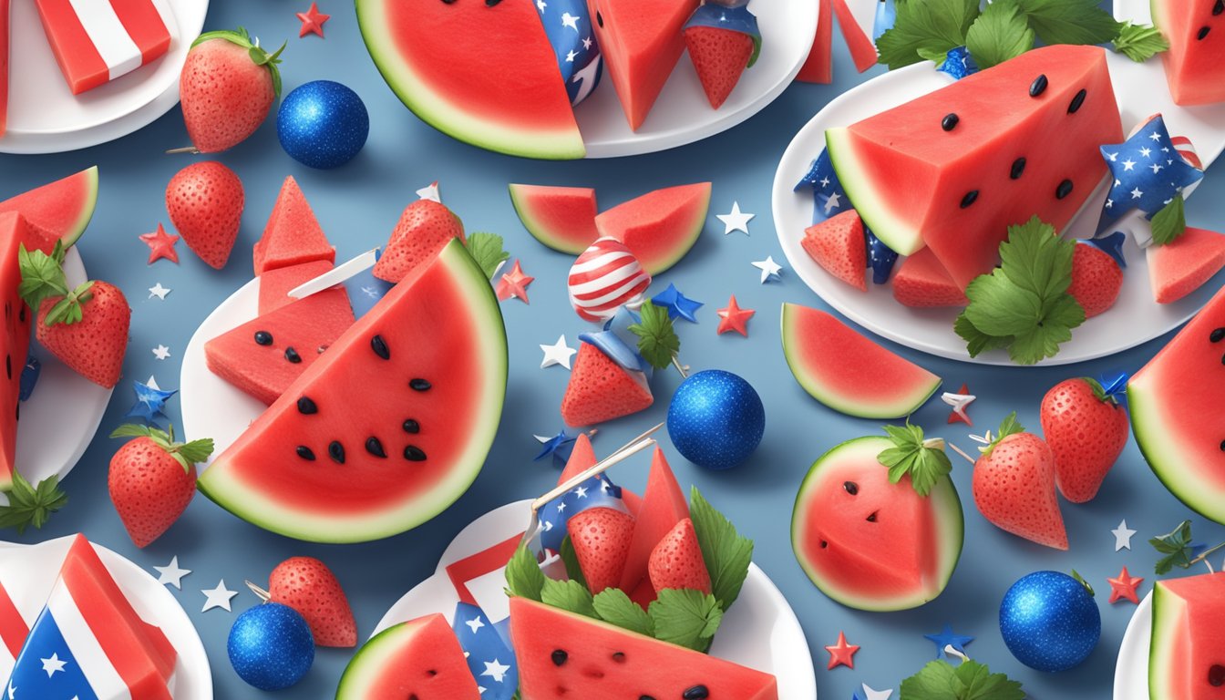 A festive table with red and blue 4th of July skewers holding juicy watermelon chunks, surrounded by patriotic decorations