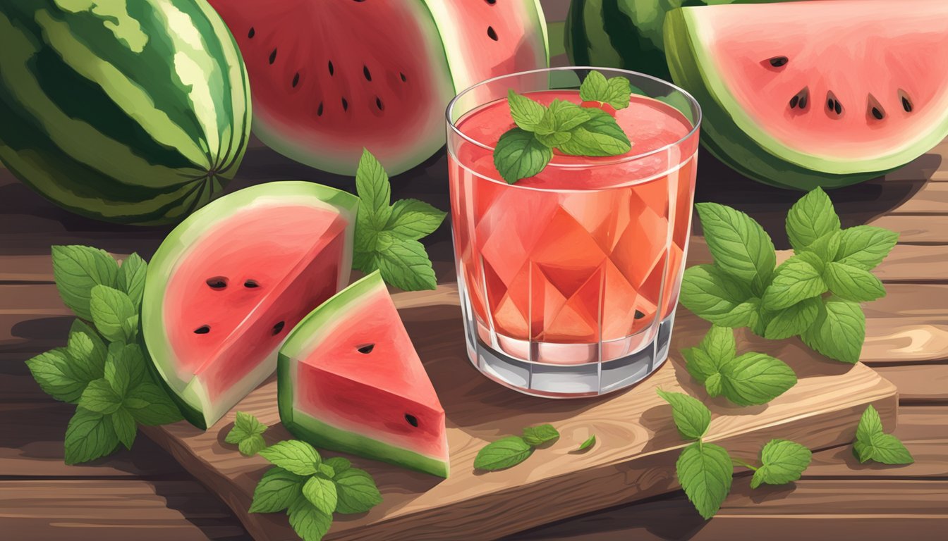 A glass of watermelon wine sits on a rustic wooden table, surrounded by fresh watermelon slices and a sprig of mint