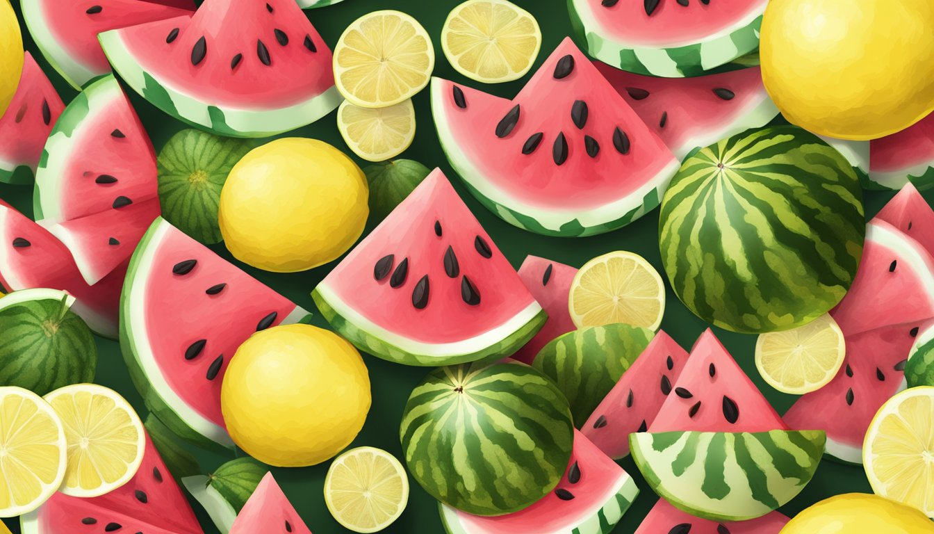 A watermelon sliced and drizzled with lemon juice, with seeds scattered around