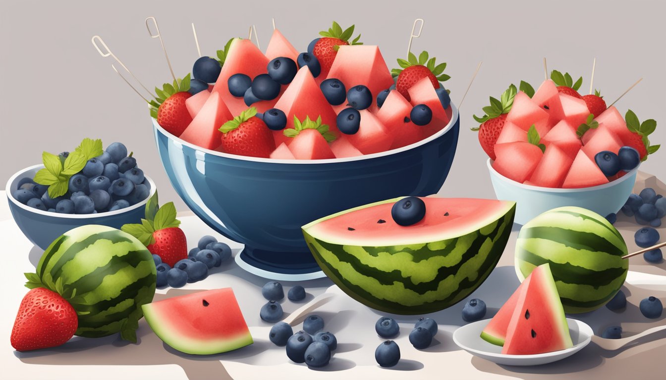 A table set with skewers of watermelon, blueberries, and strawberries, with a bowl of melted chocolate for dipping