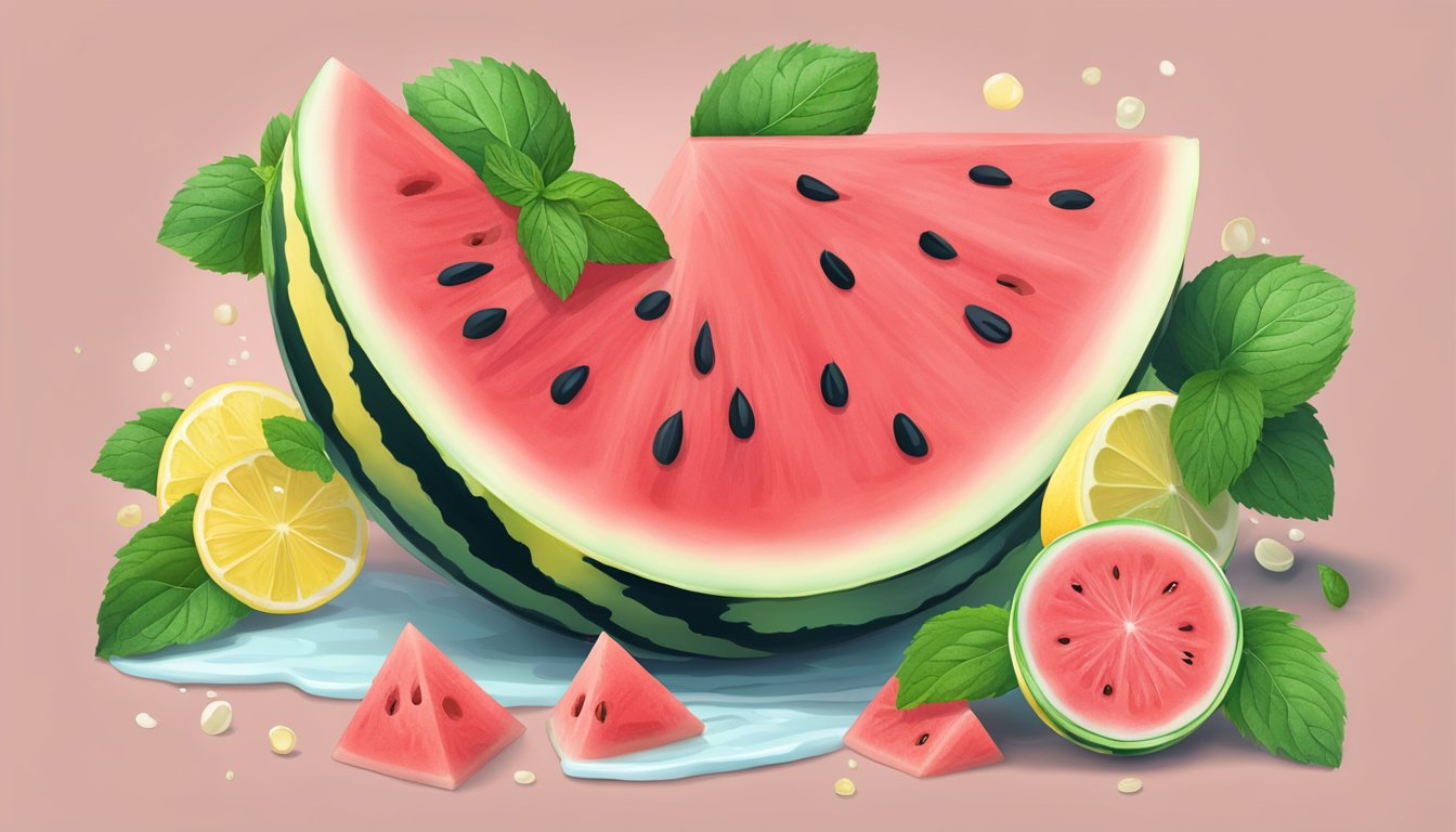 A juicy watermelon sliced open with lemon juice drizzled on top, surrounded by fresh mint leaves