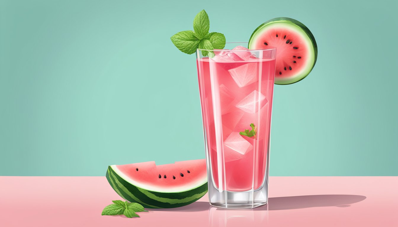 A tall glass filled with a vibrant pink watermelon tequila cocktail, garnished with a wedge of fresh watermelon and a sprig of mint