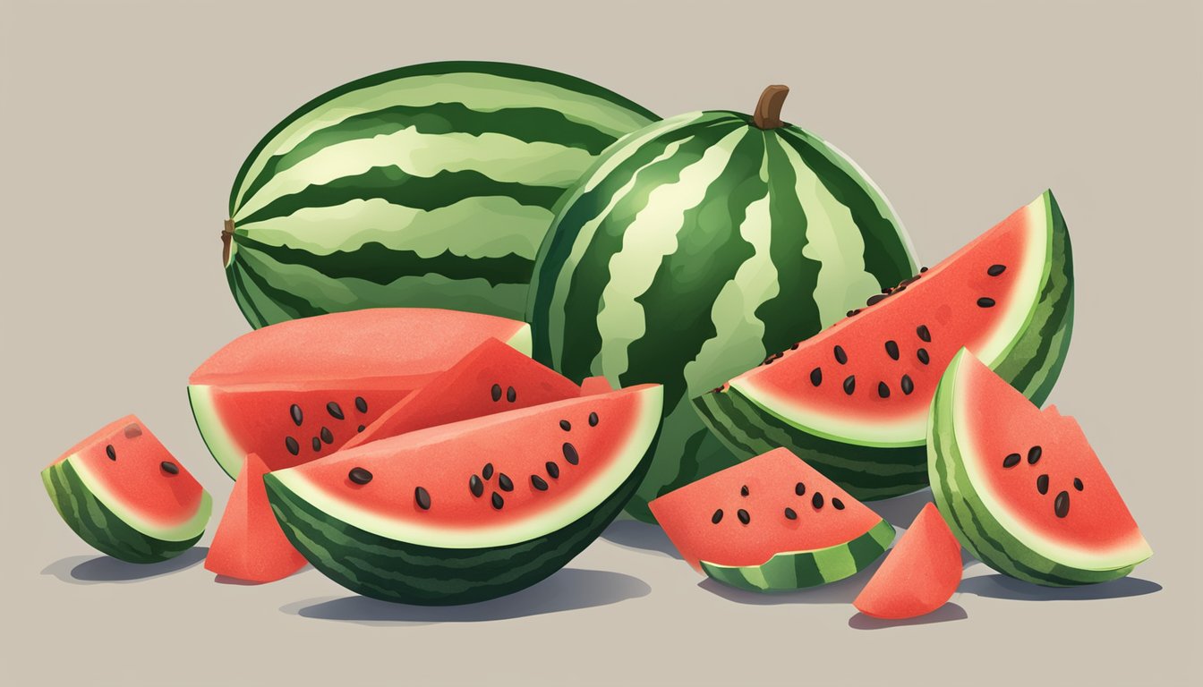 A ripe watermelon sliced open, sprinkled with Tajin seasoning, surrounded by a pile of fresh Tajin fruit