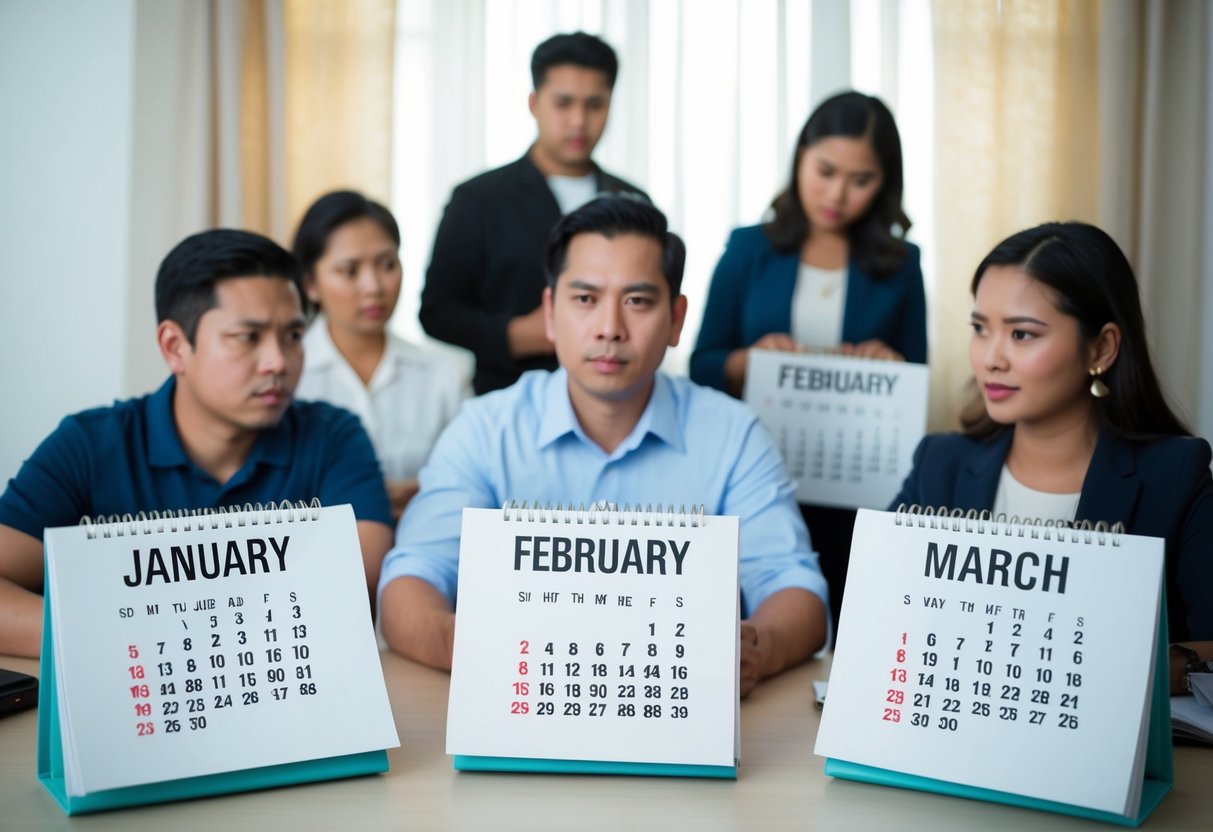 A group of Filipinos searching for jobs, with calendars showing the months of January, February, and March highlighted