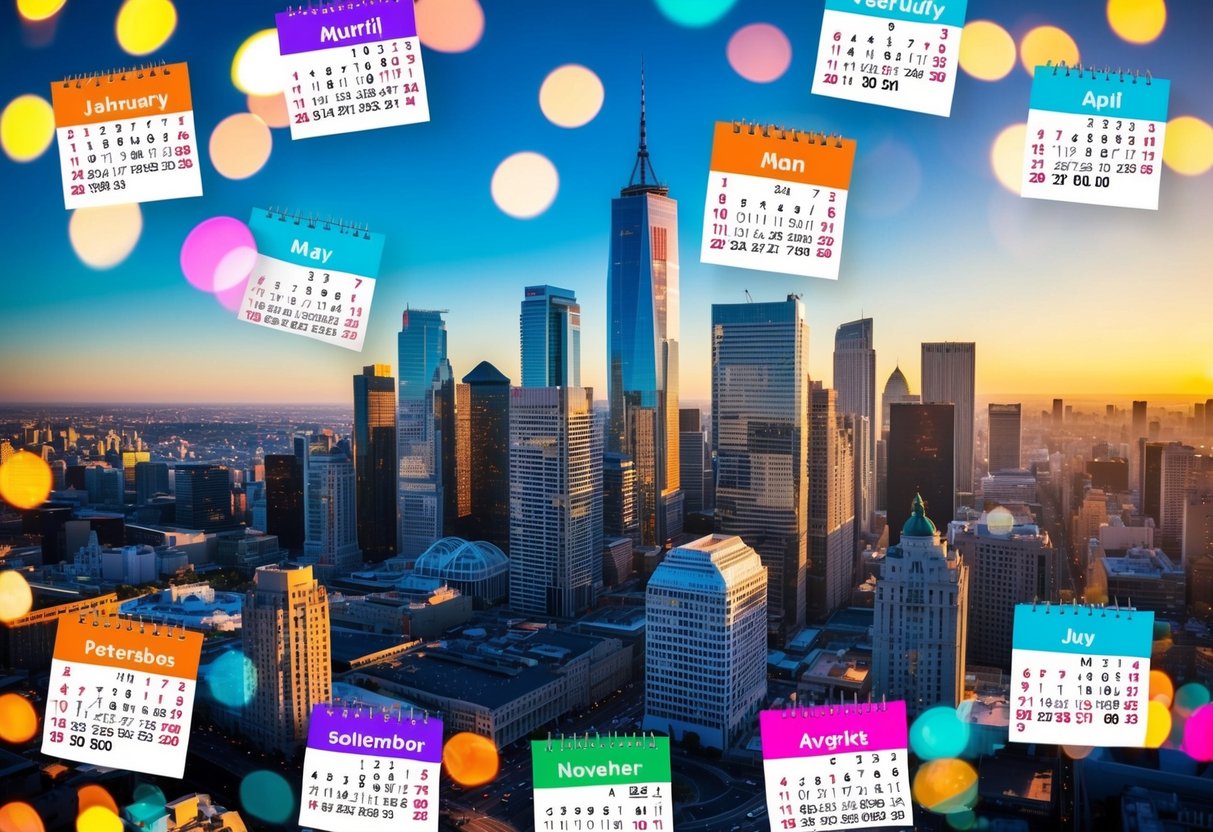 A bustling city skyline with job fairs and career events, surrounded by calendar months highlighted in vibrant colors