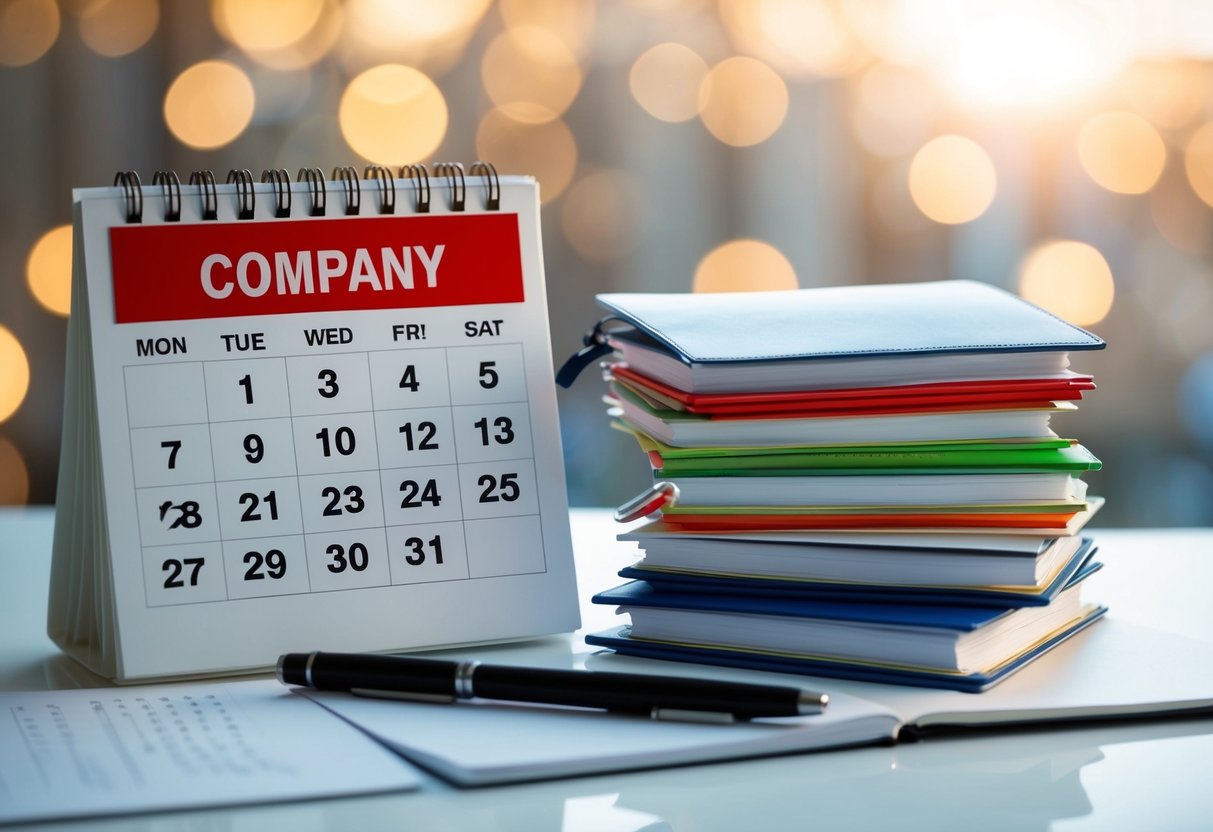 A calendar with highlighted months and a stack of company budgets