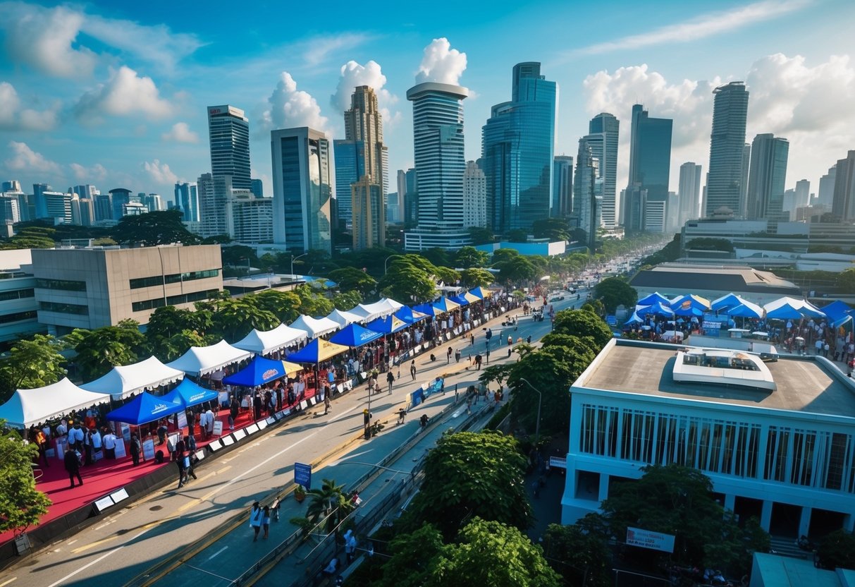 A sunny, bustling cityscape with job fairs, career workshops, and networking events, showcasing the diverse opportunities for post-graduates and fresh graduates in the Philippines