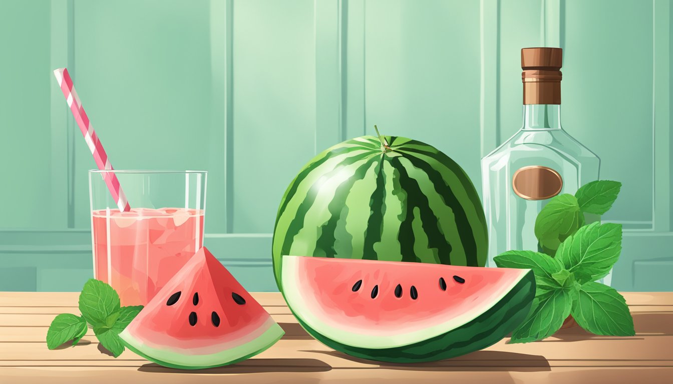 A watermelon cocktail sits next to a slice of watermelon on a wooden table, surrounded by fresh mint leaves and a bottle of vodka