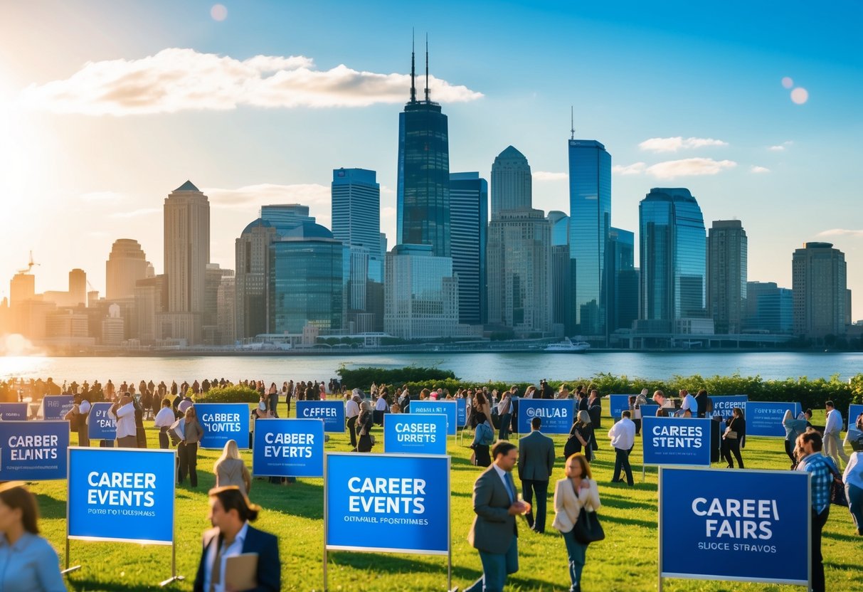 A bustling city skyline with job fairs, career events, and online job postings. Bright and sunny weather with people actively seeking employment opportunities