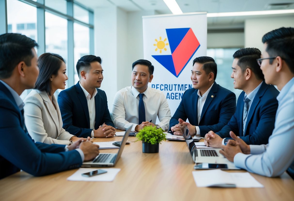 A group of Filipinos meeting with recruitment agency representatives, discussing job opportunities