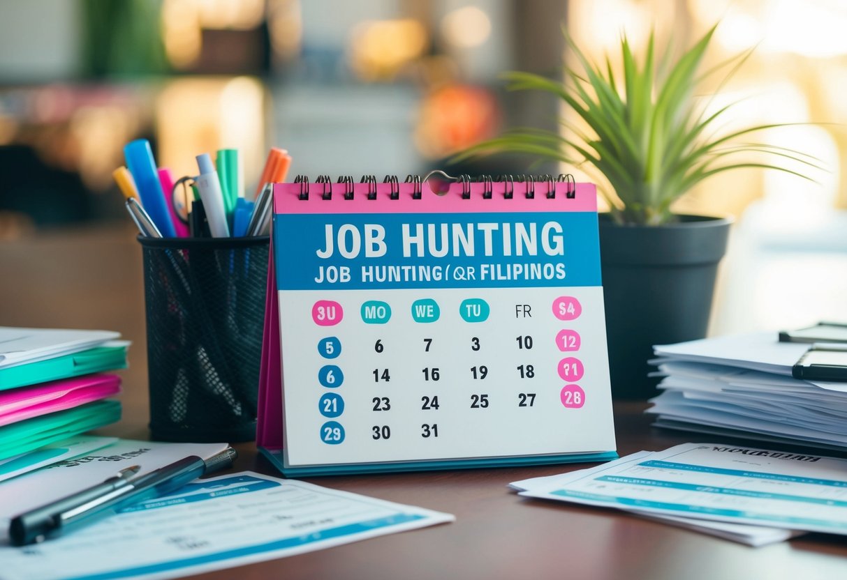 A calendar with vibrant colors, showing the months of peak job hunting for Filipinos, surrounded by office supplies and job application materials