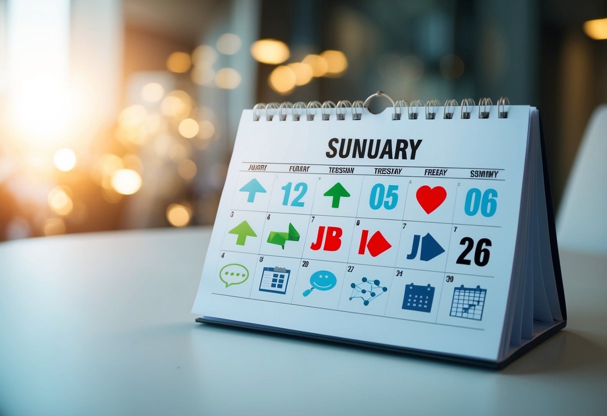 A calendar with highlighted months and job-related icons