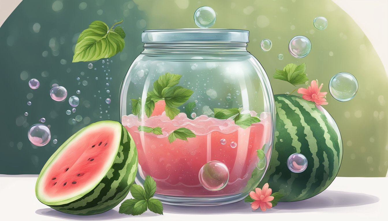 A watermelon vine winding around a glass jar filled with fermenting kombucha, bubbles rising to the surface