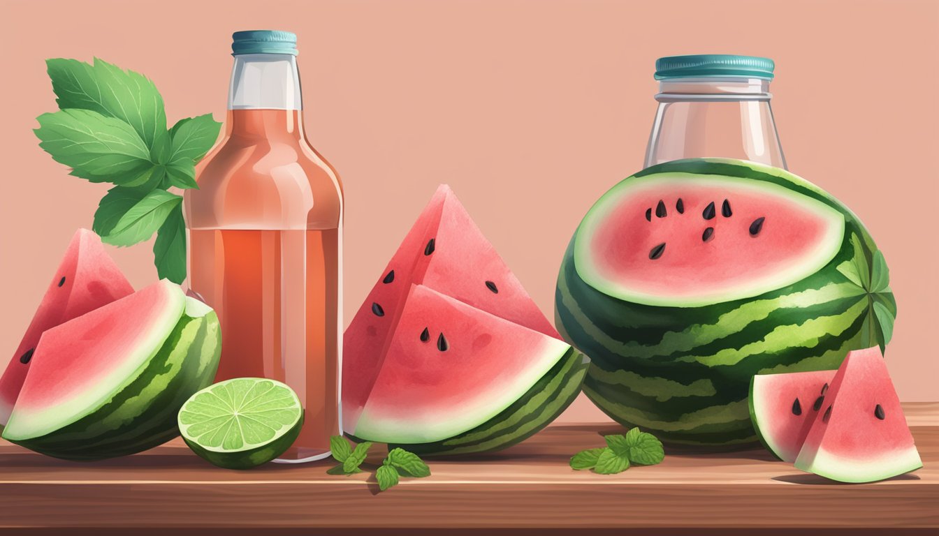 A watermelon slice and a bottle of kombucha surrounded by fresh watermelon chunks and mint leaves on a wooden table